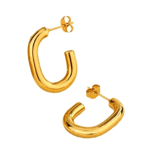 Minimalist gold-tone titanium steel hoop earrings with glossy finish on white background