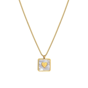 Minimalist gold titanium necklace featuring a square pendant with white shell and heart