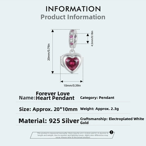 Macro view of a 925 sterling silver heart charm with red stone and dimensions info