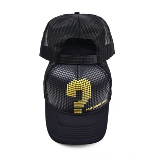 Black trucker cap with yellow pixel question mark and breathable mesh snapback design