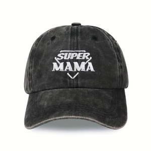 Close-up of white Super Mama embroidery on black washed denim vintage baseball cap