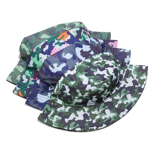 Detail shot of four different camouflage patterns on durable cotton bucket hats for men