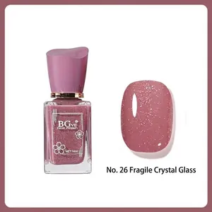 Close-up of 14ml mauve purple glitter nail polish bottle and glossy finish swatch