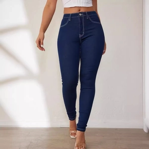 Women Slim Fit High Waisted Denim Jeans Dark Blue Contrast Stitching Vintage Stretchy Long Pants