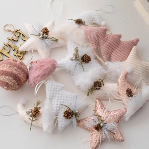 Christmas Tree Hanging Ornaments Plush Fabric Glitter Sequins Pine Cones Festive Home Decor Star Hat Tree Sock