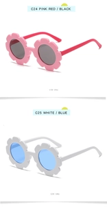 Side view of flower shaped children sunglasses in pink-red and white-blue color options