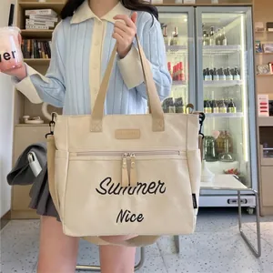 Minimalist off-white canvas tote bag with Summer Nice embroidery and adjustable strap