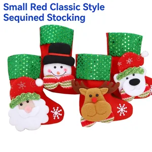 Set of 4 red Christmas stockings with Santa, Snowman, Reindeer, and Bear sequins decorations