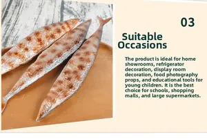 Detailed view of realistic grilled saury fish models with burnt texture on wood tray