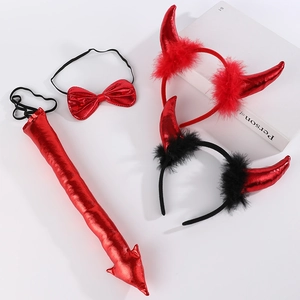 Sequin devil horn headband set with feather trim, red bow tie, and tail for Halloween