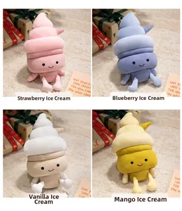 Detail of four colorful plush ice cream cones with cute expressions and waffle texture