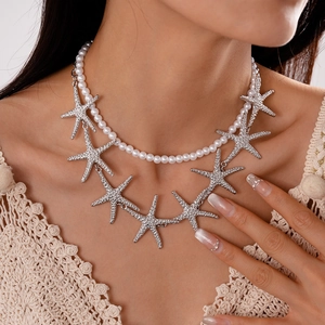 Detailed view of layered necklace with imitation pearls and crystal starfish pendants