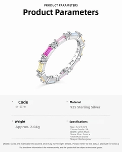 Detailed technical diagram of S925 sterling silver ring with colorful zircons