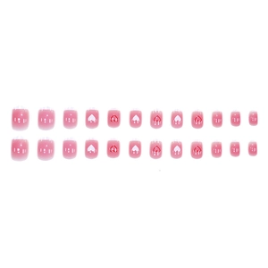 Pink gradient short square press-on nails with white and red heart patterns set