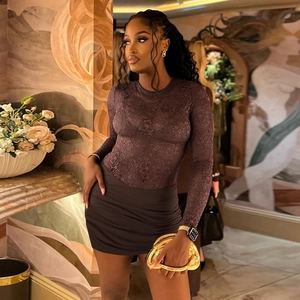 Elegant purple lace bodysuit with charcoal grey ruched mini skirt for women