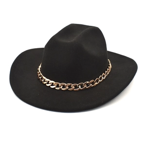 Classic black wide brim wool fedora hat with stylish gold chain trim for men and women