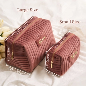 Detailed size comparison of pink velvet makeup bags with custom embroidery and dimensions