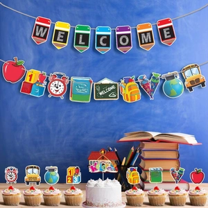 Colorful Back to School party decorations set with Welcome banner and creative cake toppers