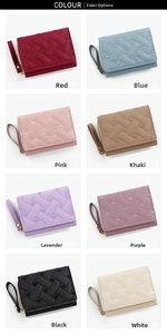Short tri-fold wallets in eight colors with heart embroidery and wristlet straps