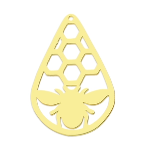 Detail of a golden stainless steel honeycomb and bee silhouette pendant accessory