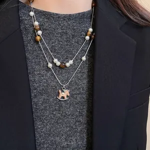 Collier Double Couche Avec Pendentif Cheval À Bascule En Bois Pierre Œil De Tigre Künstliche Perles D'imitation Chaîne En Cuivre