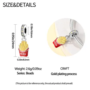 Detail view of fries charm bead with dimensions showing 24mm height and gold plating
