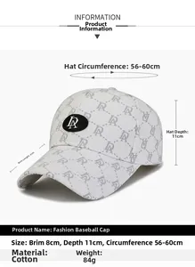 Detail view of white cotton baseball cap showing letter print and black oval logo