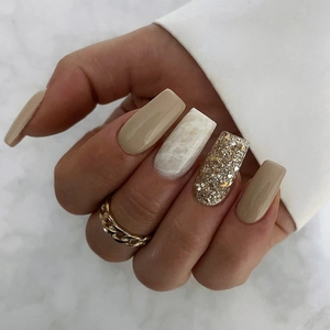 French Style Press On Nails Long Coffin Artificial Plastic Nail Tips Nude Gold Glitter Marble Design Manicure For Women