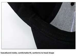 Close-up of the internal sweatband and neat stitching on the black cotton baseball cap