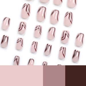 French stripe wavy press-on nails in pink and brown with glossy square shape set