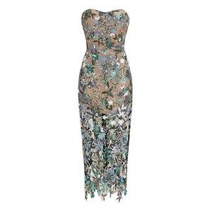 Detail of sequined floral embroidery on a slim fit strapless midi evening dress