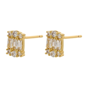 18K gold plated geometric rectangular stud earrings with sparkling baguette-cut crystals