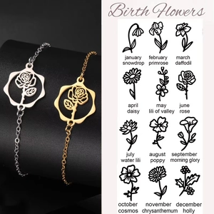Bracciale in Acciaio Inossidabile Fiore di Nascita Ciondolo Floreale Cavo Catena Regolabile Oro Argento per Donna Gioielli Regalo Compleanno
