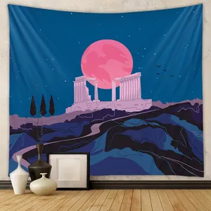 Wall Tapestry Polyester Pink Full Moon Ancient Greek Temple Ruins Surreal Night Sky Landscape Aesthetic Room Decor
