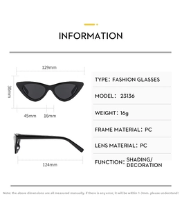 Detailed size chart for kids cat-eye triangle sunglasses with PC frame measurements