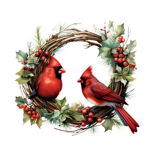 Christmas window sticker featuring red cardinal birds with a winter berry wreath decoration