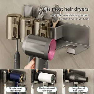 Wall-mounted gunmetal grey toothbrush holder and hairdryer rack for bathroom storage