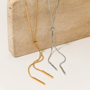 Y-shaped snake chain necklace with rectangle pendant in gold and silver finish