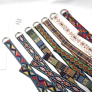 Ethnic Style Printed Canvas Belt With Dual D-Ring Buckle Boho Geometric Pattern Braided Waist Strap For Jeans