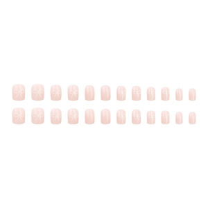 Short round light pink press-on nails with white bow designs and 24 pieces set