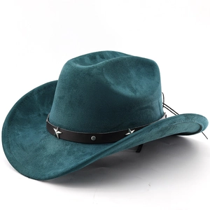 Classic dark teal wool felt cowboy hat with leather band and star studs
