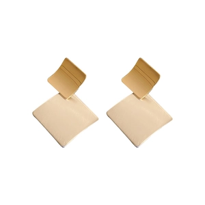Minimalist geometric square earrings featuring polished gold metal and matte beige resin finish