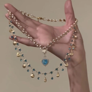 Ensemble de colliers avec pendentif cœur bleu, perles et coquillage doré pour femme