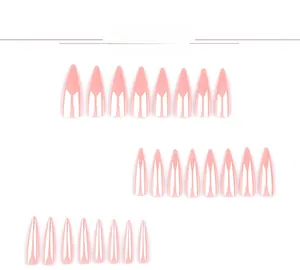 Close-up of glossy pink metallic stiletto press-on nails in various sizes