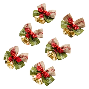 Set of 6 green burlap Christmas bows with holly berries and gold jingle bells