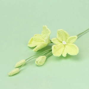 Detail of handcrafted green crochet dendrobium flower stem with delicate yarn texture