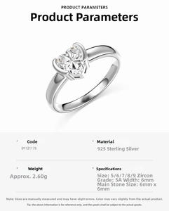 Detailed spec sheet of 925 sterling silver heart ring with 6mm 5A cubic zirconia