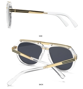 Side and back view of retro pilot sunglasses with clear frame and gold metal temples