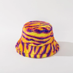Plush tiger stripe bucket hat in vibrant orange, yellow and purple for winter warmth