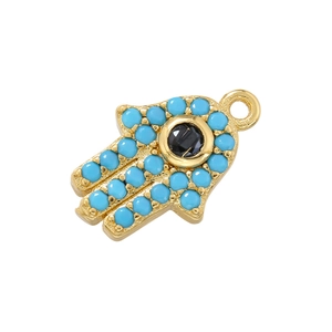 Hamsa hand pendant in gold finish with turquoise beads and central black gemstone